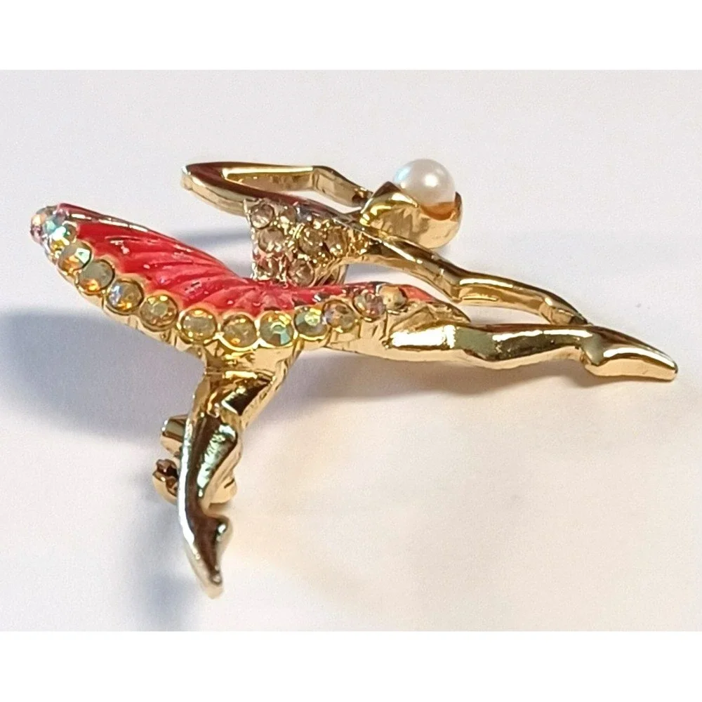 Ballerina Dancer Brooch Pin Gold Tone Red Enamel Rhinestone Faux Pearl Accent